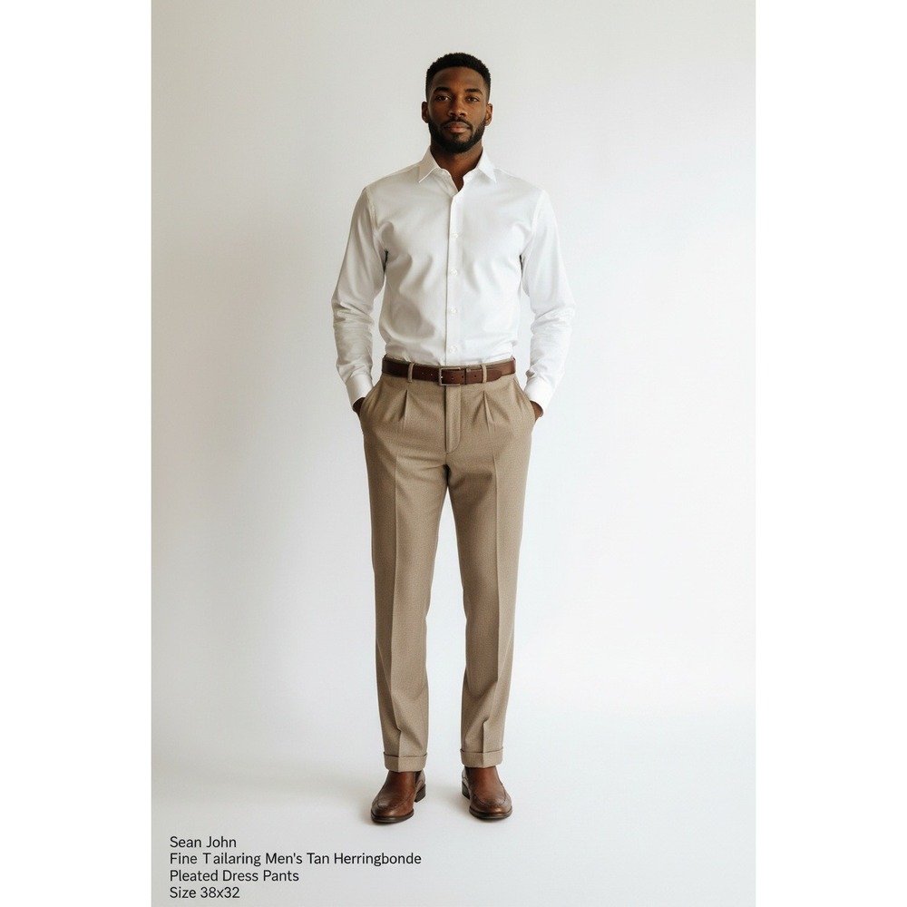 Sean John Fine Tailoring Mens Tan Herringbone Pleated Dress Pants 38x32‎ Cuffed